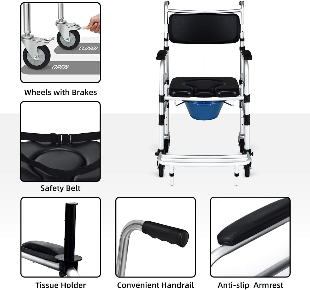 Giantex 3 in 1 Lightweight Shower Commode, Transport Bedside Commode with Wheels, Adjustable Height and Pedal, Shower Wheelchair for Elder