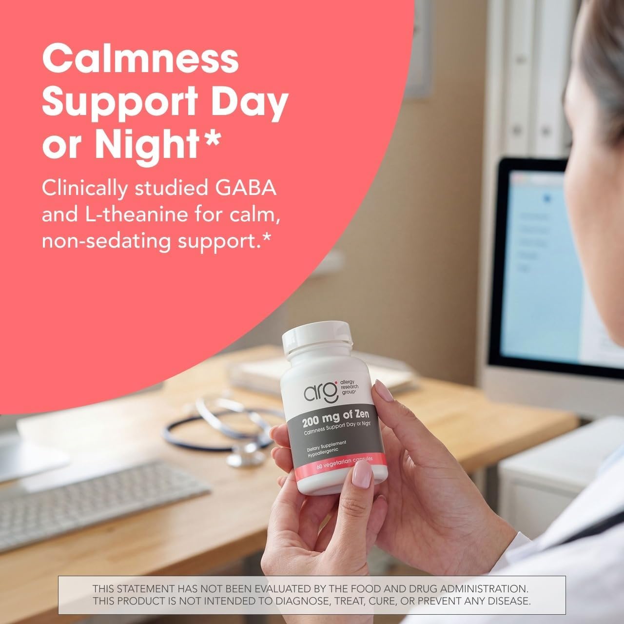 Allergy Research Group ARG 200 mg of Zen - Supports Calm and Stress Balance - Delivers 200 mg L-Theanine & 550 mg GABA per Serving - Vegetarian & Hypoallergenic - 60 Servings - 120 Capsules