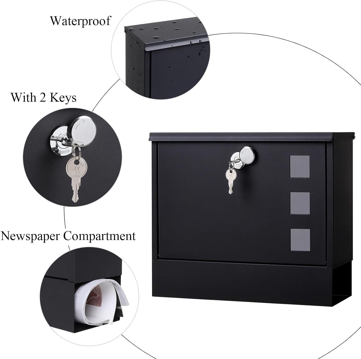 Locking Mailbox Wall Mount for Outside– Jssmst Mailboxes with Key Lock for Front Door Fence, Large Capacity Letter Box, 14.3 x 4.1 x 11.8 Inch, Black, SM-HPB911BN