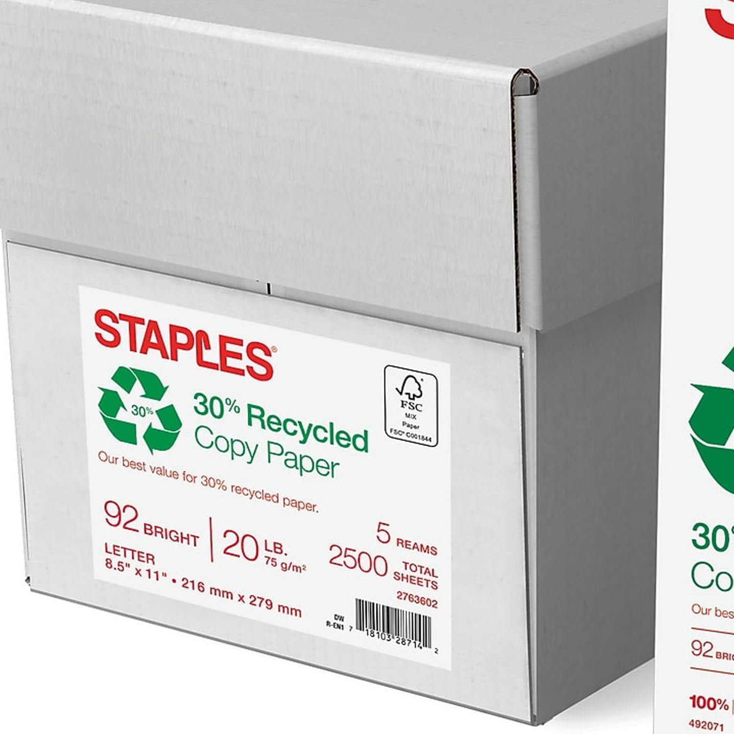 Staples 30% Recycled 8.5-Inch X 11-Inch Copy Paper 20 Lbs 92 Brightness 500/Ream, For Office, School & Home