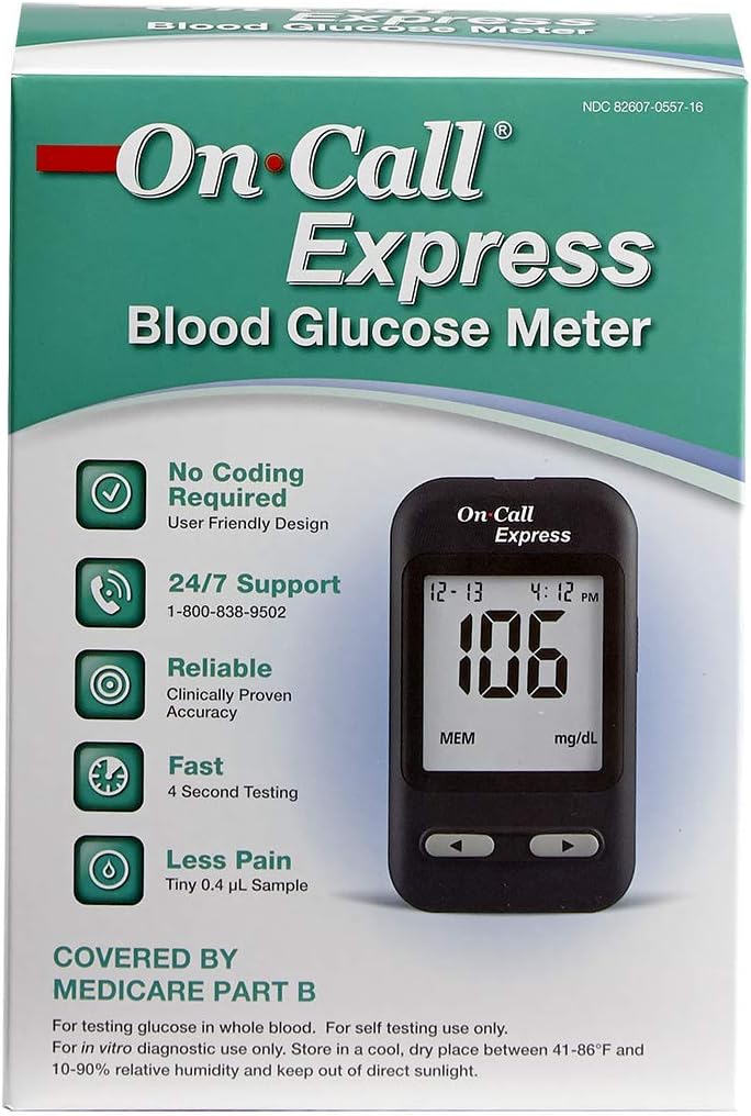 On Call Express Diabetes Testing Kit- Blood Glucose Meter, 10 Blood Test Strips, 1 Lancing Device, 30g Lancets, Control Solution, Carrying Case