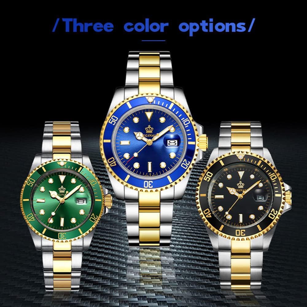 FANMIS Men's Two-Tone Stainless Steel Quartz Watch, Rotating Bezel and Date | Green Dial, Luminous Hands and Markers, Magnified Date Window, Fold-Over Safety Clasp, 30M Water Resistant for Everyday Wear.