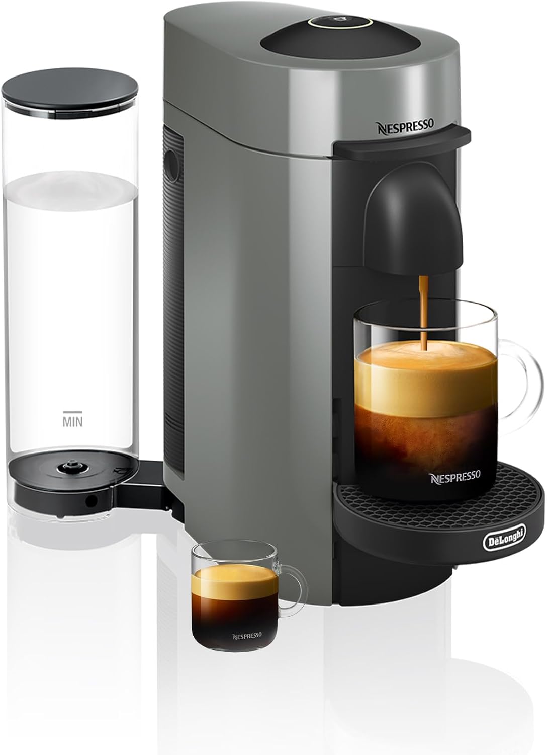 Nespresso Vertuo Plus Coffee & Espresso Maker by De'Longhi, Grey | Grey coffee machine that brews 4 cup sizes: 5 and 8 oz. coffee, plus single and double espresso, at the touch of a button.