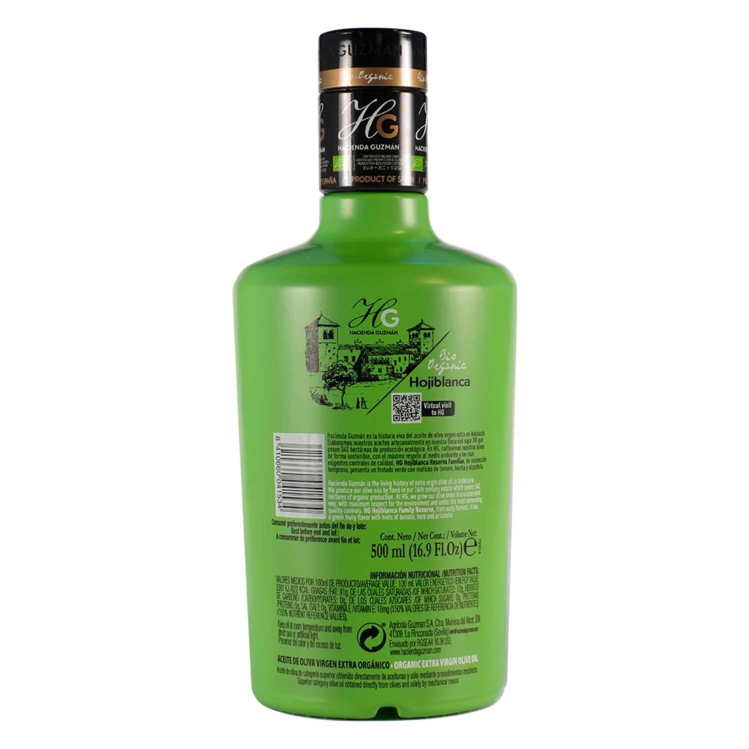 HACIENDA GUZMÁN - Organic and Bio Extra Virgin Olive Oil Hojiblanca. Ideal for grilled or fresh vegetables and white fish. Available in 16.9 FL OZ
