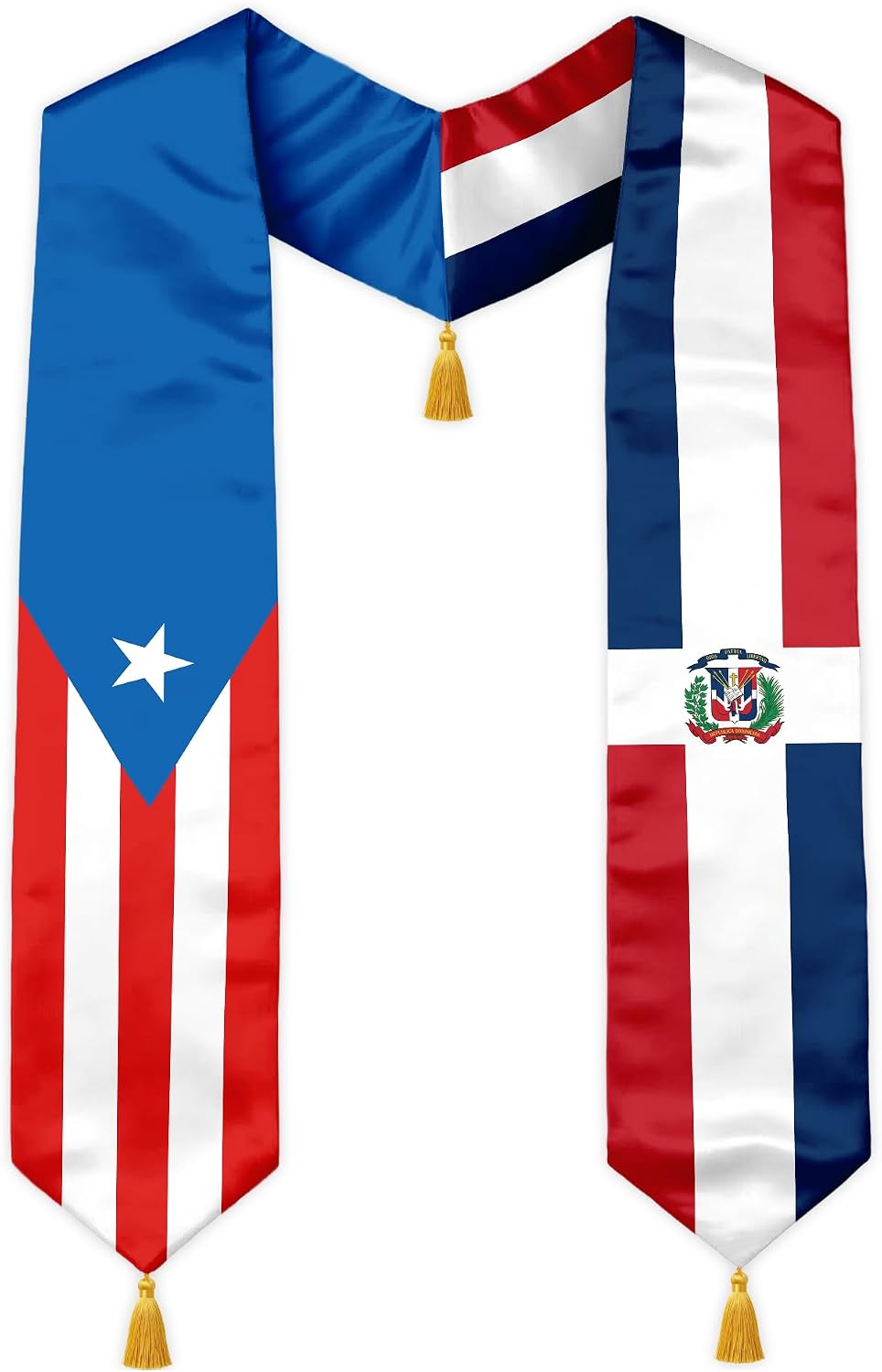 Class of 2026 Dual Flag Graduation Stole with Gold Tassels, Half and Half Country Flag Satin Sash, V-Neck