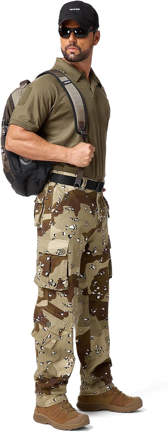 Mens Cargo Pants Camo Work Tactical Rip Stop BDU Casual Army Military Pants | 100% Cotton,Wear Resistant,Breathable,Sweat-absorbent,Men's Wild Cargo Pants with 8 Pockets,Relaxed Loose Fit Hiking Pants