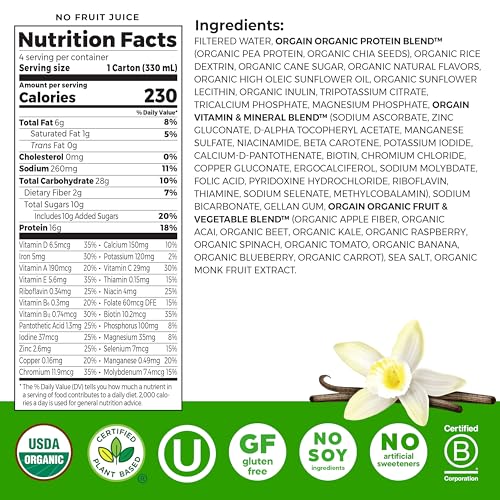 Orgain Organic Nutritional Vegan 16g Protein Shake, Vanilla, 11 oz, 12pk | Ready to drink plant based protein, meal replacement, 21 vitamins & minerals, fruits & vegetables, non-GMO, gluten-free