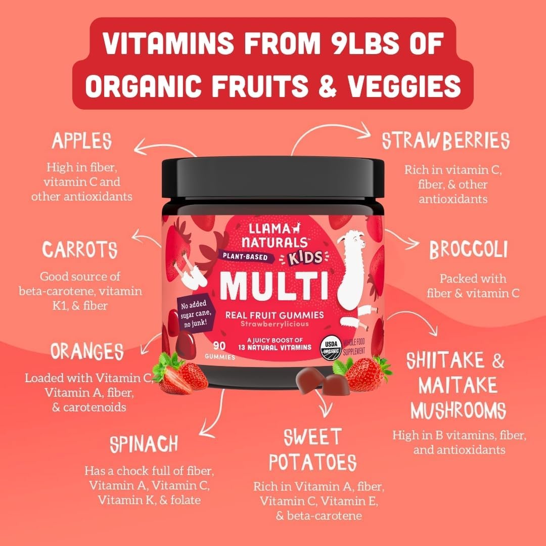 Llama Naturals Kids Multivitamin Gummies | Real Fruit, No Added Sugar Cane | Organic Vegan Toddler Whole Food Vitamins | Vitamin D, C & Beta Carotene Gummy Supplement | Cherry 90 Ct (1-2 Months)