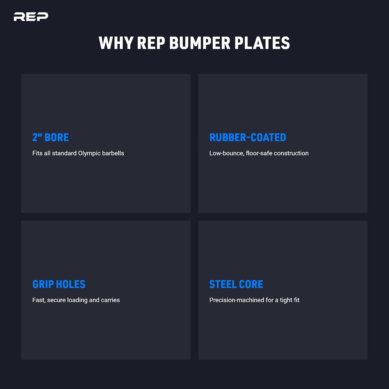 REP Fitness Rubber Bumper Plates, 5Lb to 370 lb Set Pairs, Olympic Standard Weights, Shock Absorbing Low Bounce Design, For Home Gyms, Fitness Centers, Strength Workouts, Barbell Use