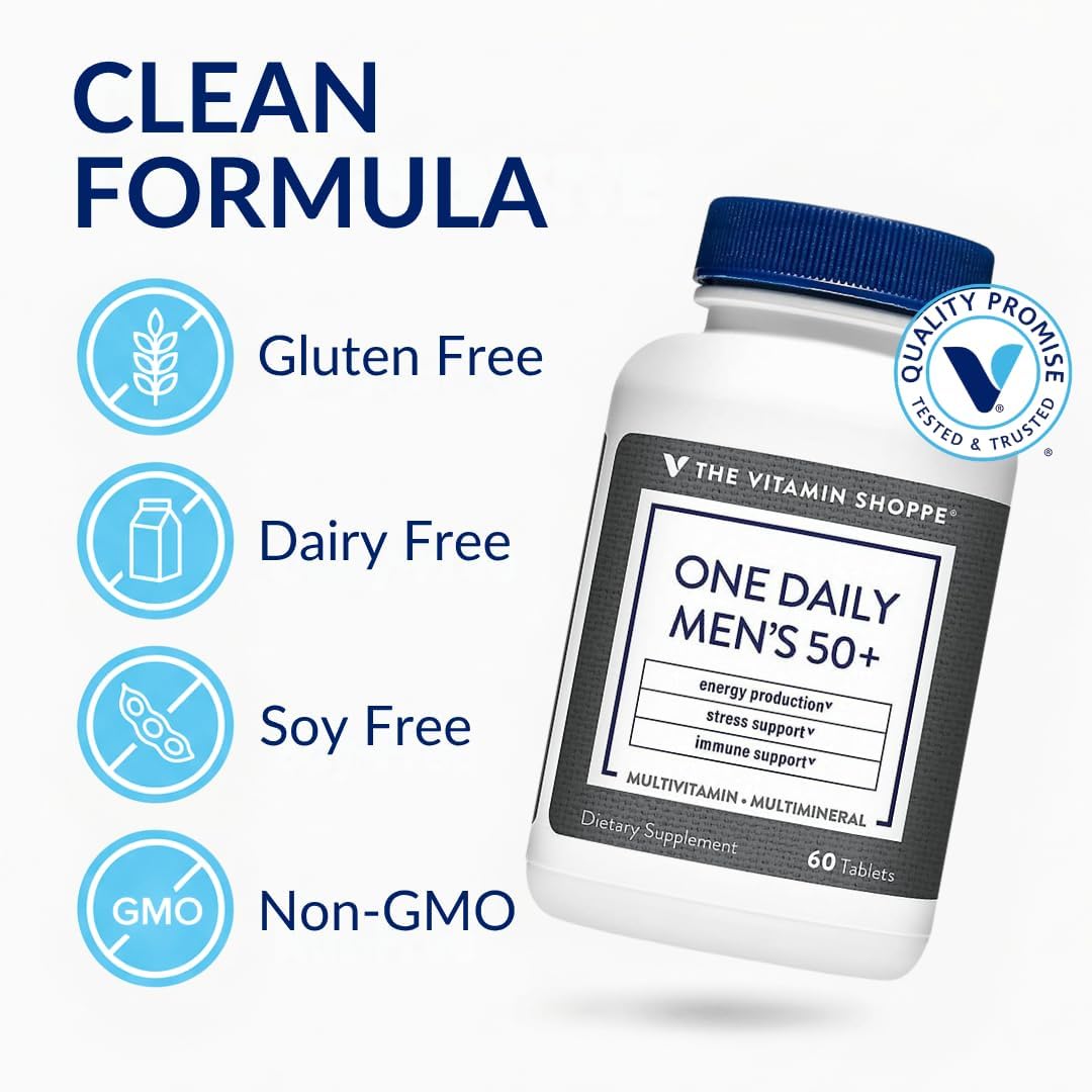 The Vitamin Shoppe Brand One Daily Men's 50+ Multivitamin, 60 Tablets | Includes Magnesium, Zinc, Calcium and More, Energy Stress & Immune Support