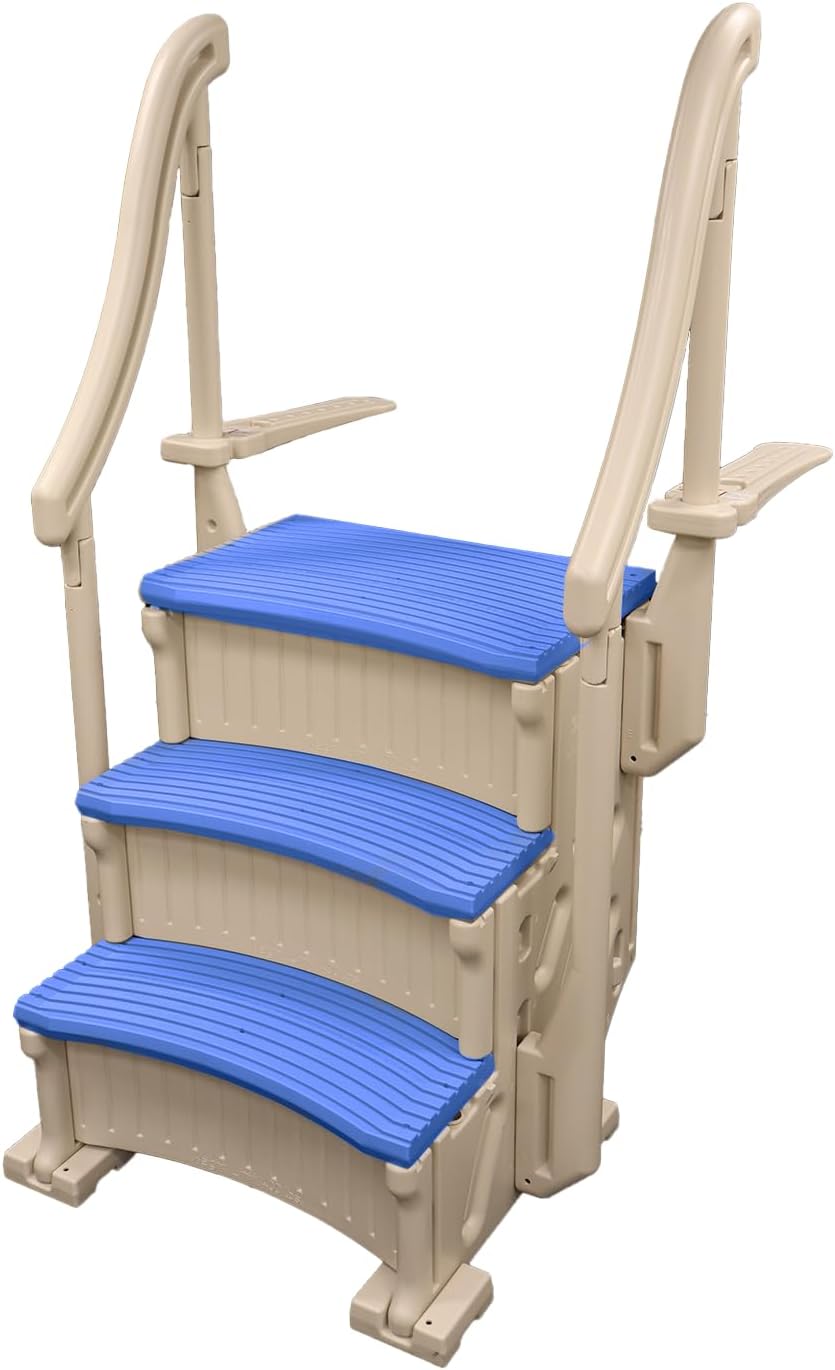 Confer Plastics Curved Drop-in Inground Pool Step 3 Tread Stair Entry System w/ 2 Handrails & Adjustable Mounting Brackets - Base Step, Grey Treads