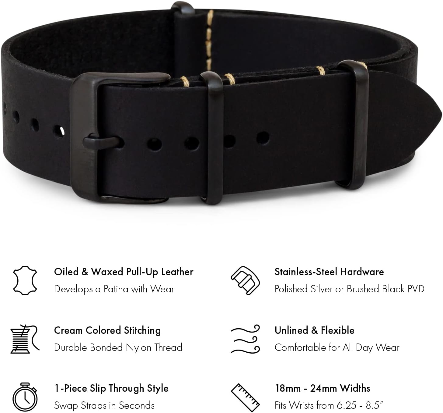 Benchmark Leather Watch Band - Crazy Horse Oiled Leather One-Piece Watch Straps for Men or Women - 18mm, 20mm, 22mm or 24mm Widths