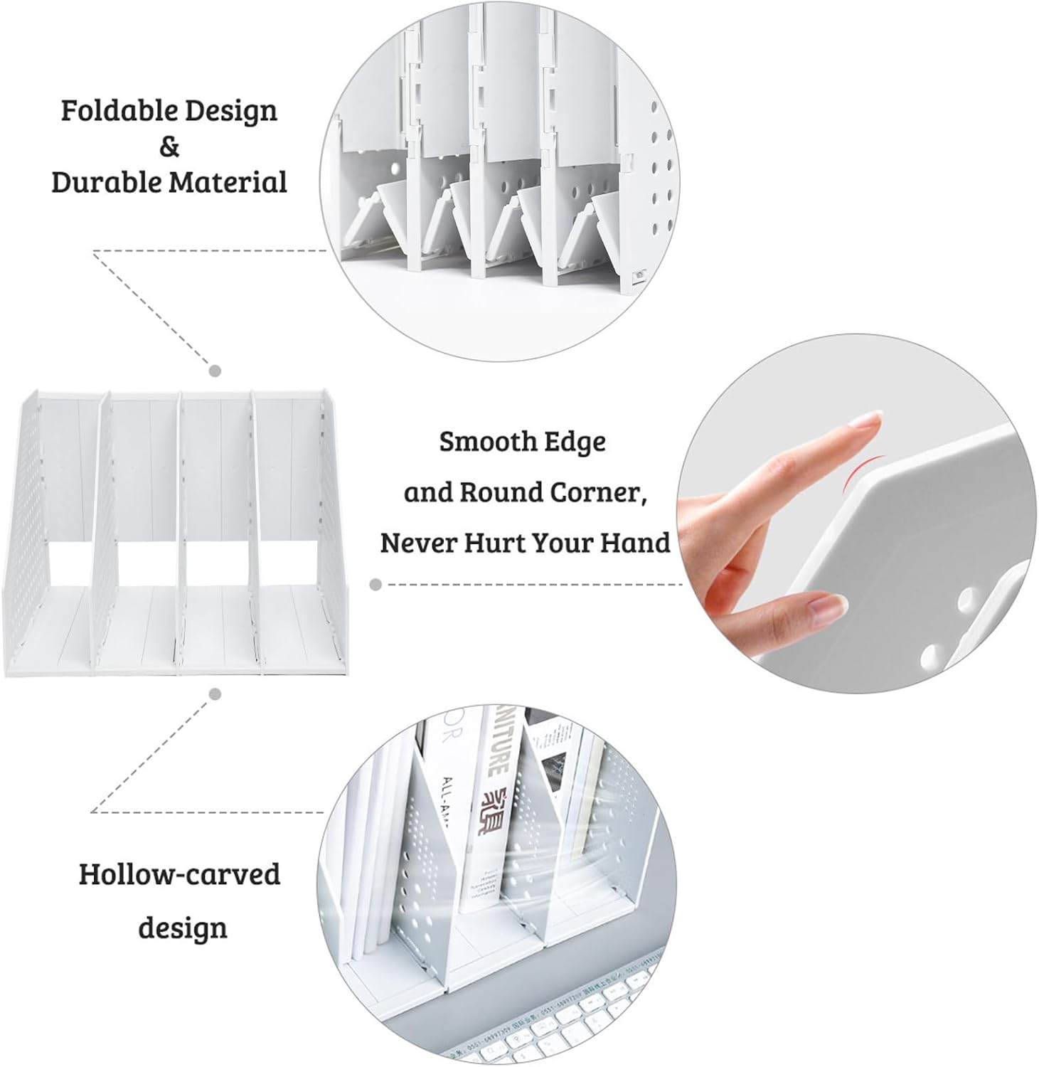 SAYEEC Collapsible Magazine Holder Plastic Desktop 4 Compartment File Rack Magazine Organizer Vertical File Divider Sorter Storage Document