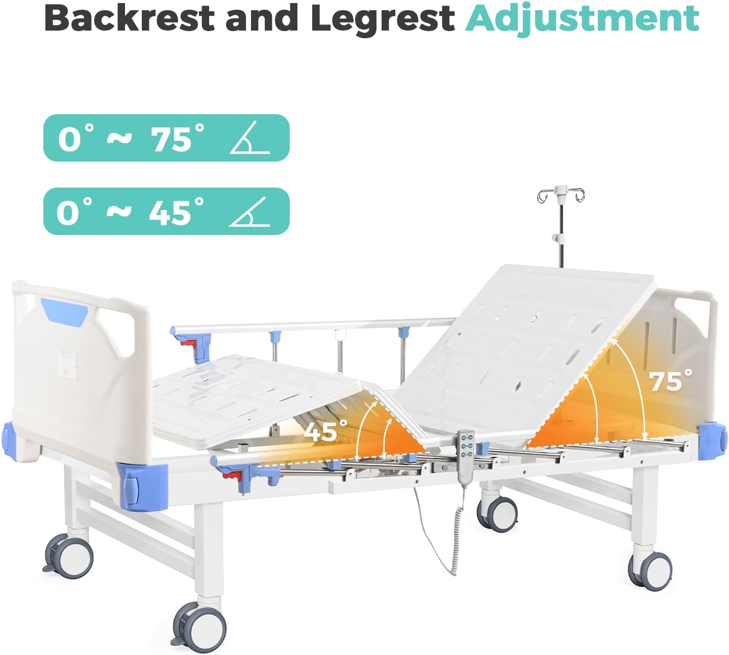 Premium 3 Function Full Electric Hospital Bed,Adjustable Medical Bed | 550LBS,4.7" Waterproof Mattress,Adjustable Height,One-Click CPR,Iv Pole,Germany Moter for Home Use Hospital Nursing Clinic
