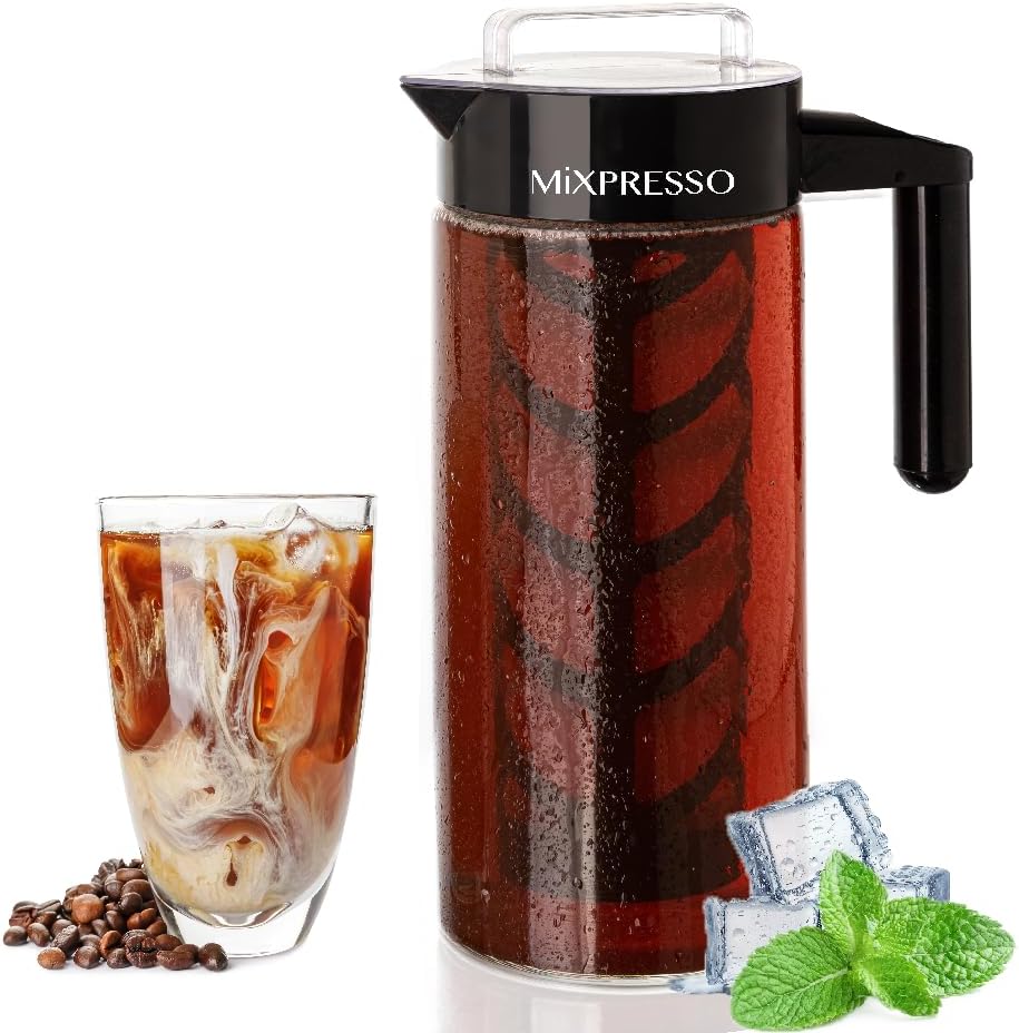 Mixpresso Cold Brew Coffee Maker, 44 Oz Glass Cold Brew Pitcher with Filter | Iced Coffee & Tea Maker with Reusable Mesh Filter