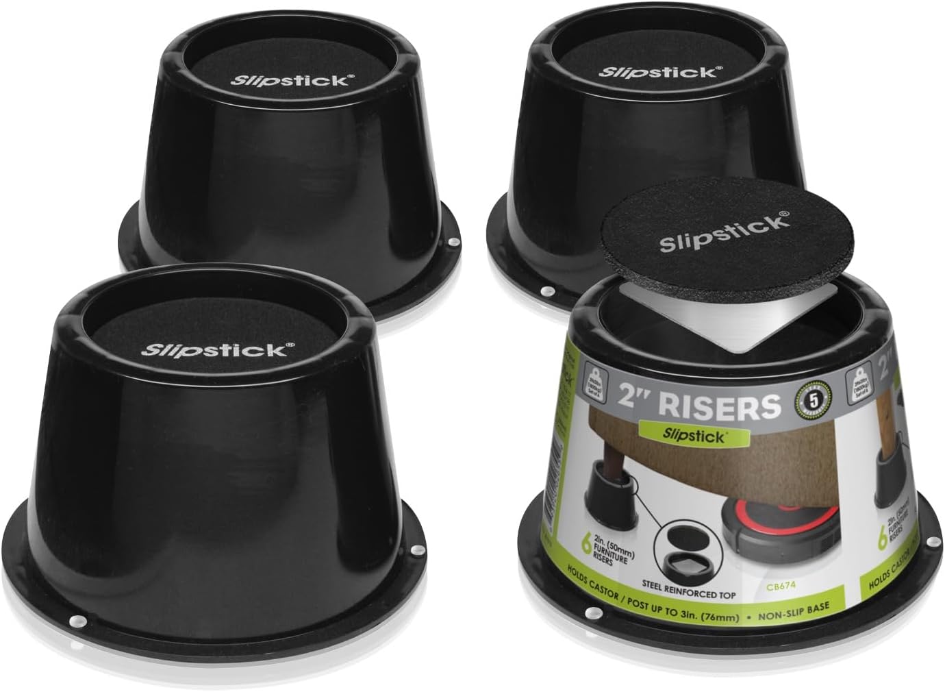 Slipstick CB672 Premium 3 Inch Bed Risers/Furniture Raisers with Steel Reinforced Caster Wheel Holder Top, Lifts Height 3" (4 Pack) Supports 2