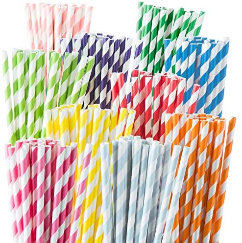 Paper Straws Disposable - 200 Pack - Durable & Non-Soggy Striped Paper Straws for Drinking in 10 Colors - 100% Biodegradable & Eco-Friendly for