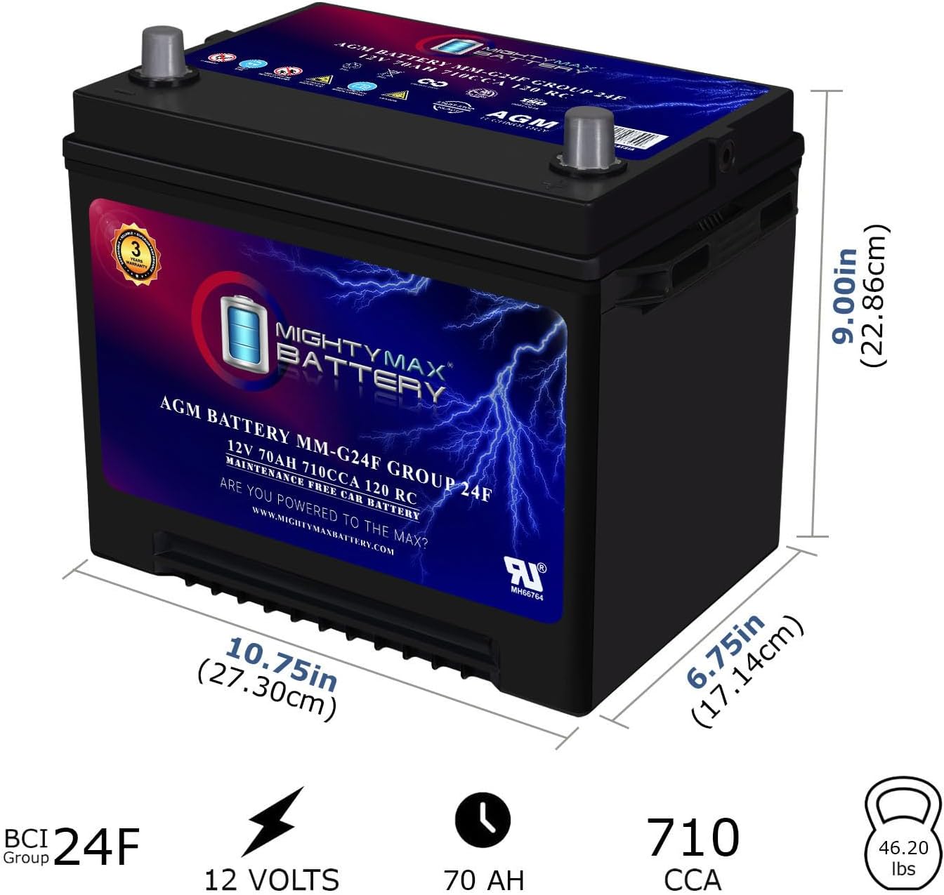 Mighty Max Battery MM-H8 Start and Stop Car BCI Group 49 12V 95Ah, 160RC, 900 CCA Rechargeable AGM Car Battery