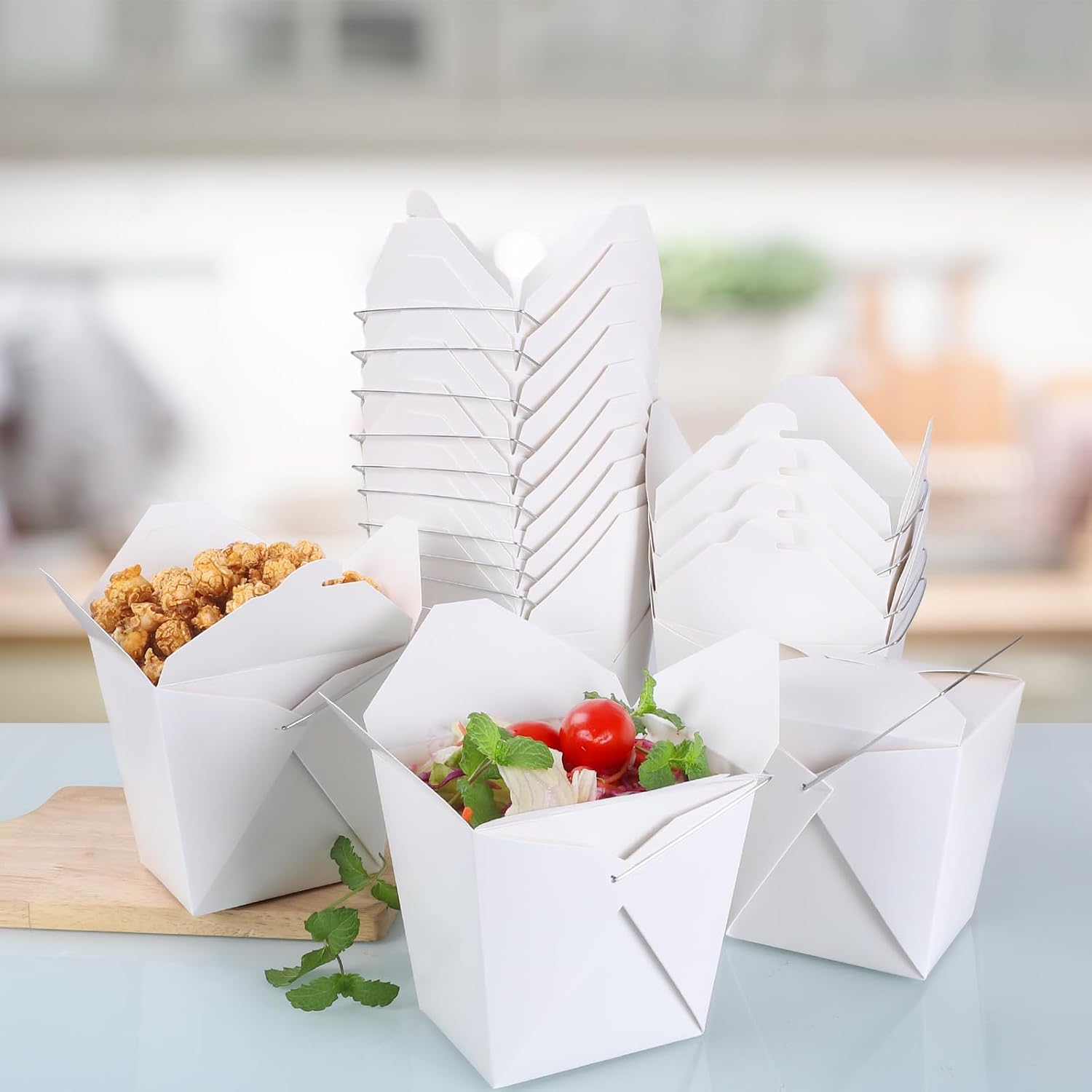 zmybcpack 50 Pack 32oz Chinese Take Out Food Boxes with Metal Wire Handle & Labels