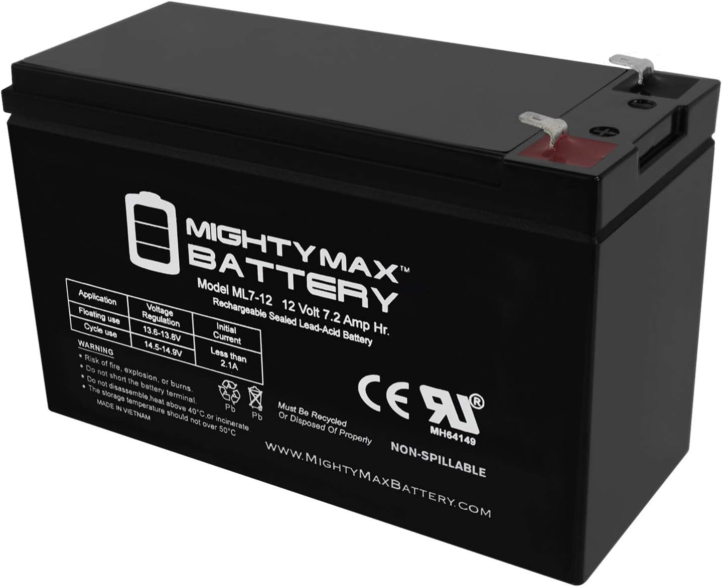 Mighty Max Battery ML7-12, 12 Volt 7.2 AH SLA F1 Terminal Battery, Brand Product, Black (Pack of 1)
