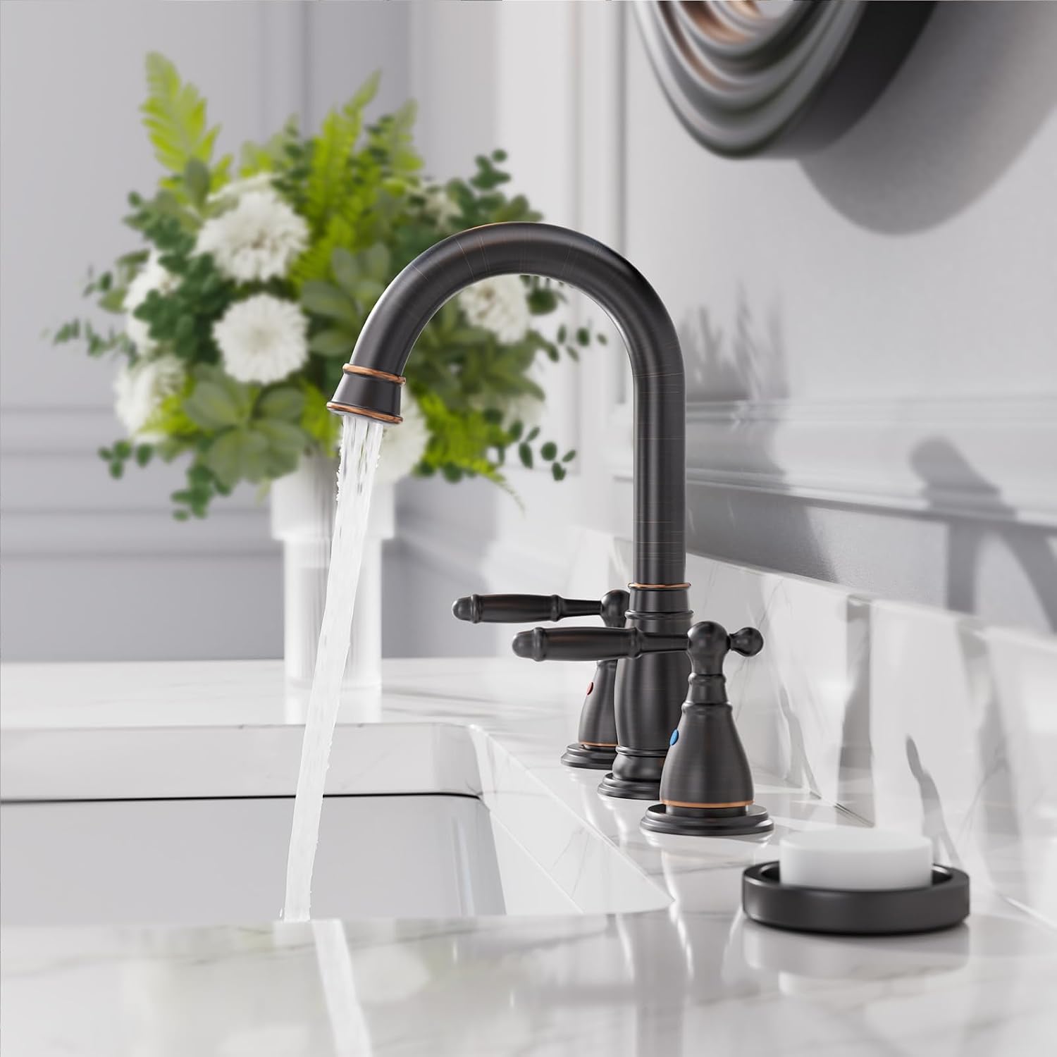 2-Handle 8 Inch 3 Hole Oil Rubbed Bronze Widespread Bathroom Faucets, with Valve and Metal Pop-Up Drain, WF017-4-ORB