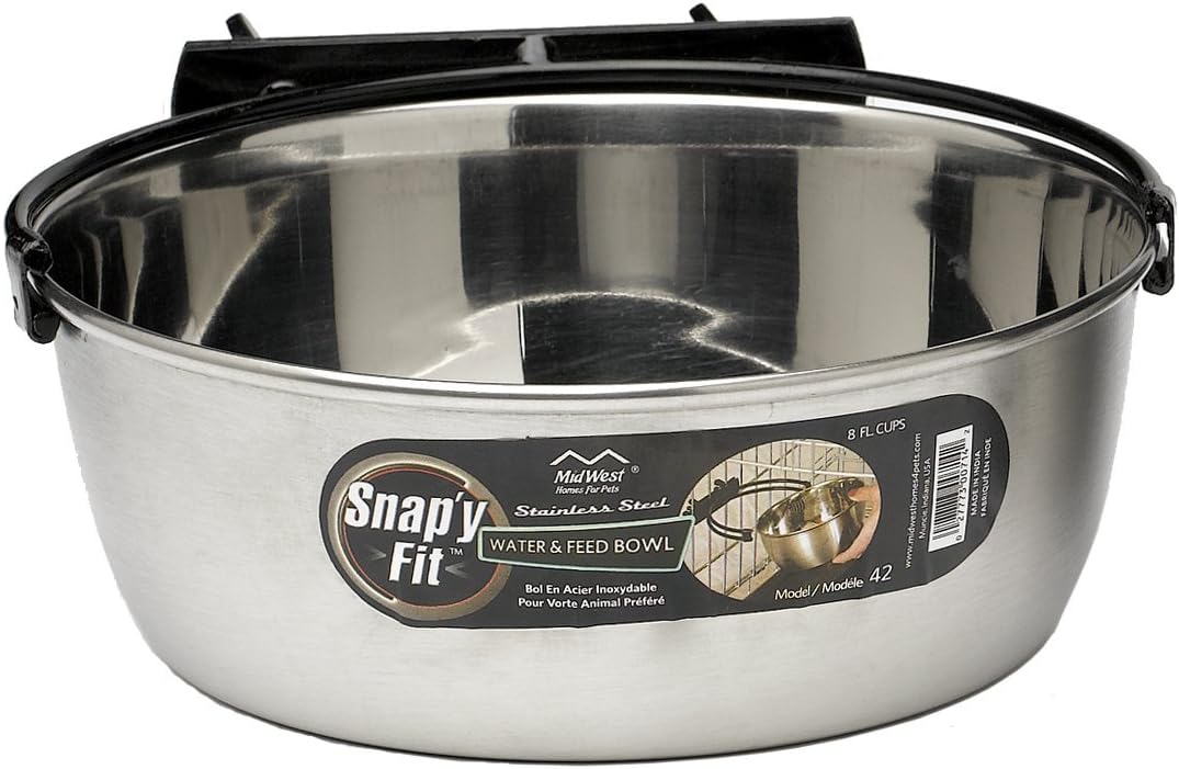 MidWest Homes for Pets Snap'y Fit Stainless Steel Food or Water Bowl, Holds 1 Quart, Mounts to Wire Crates, No-Tip Design, Rust-Resistant, for Dogs and Cats