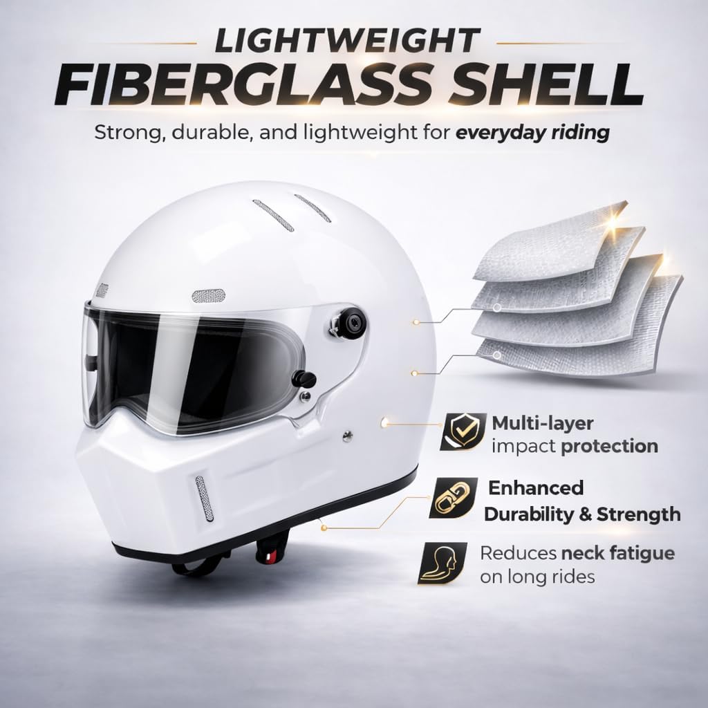 CRG Sports Retro Full Face Motorcycle Helmet, DOT Approved Fiberglass Street Bike Helmet with Clear Visor, Lightweight Cafe Racer Cruiser Motorcycle Helmet