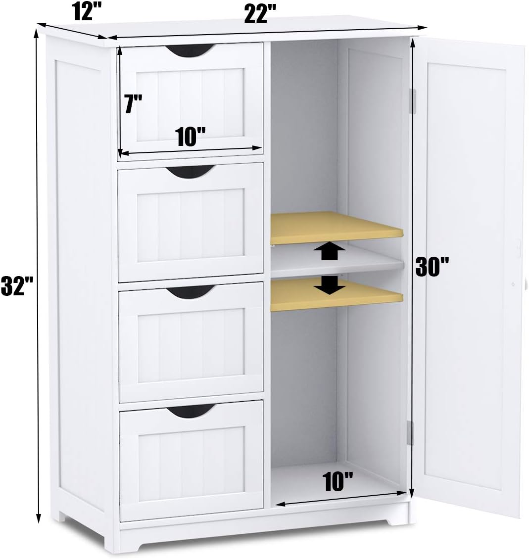 Giantex Storage Cabinet with 4 Drawers, Bathroom Storage Organizer with Cupboard, Adjustable Shelf, Anti-Toppling Device, Floor Cabinet, Entryway Storage Unit Console Table, White