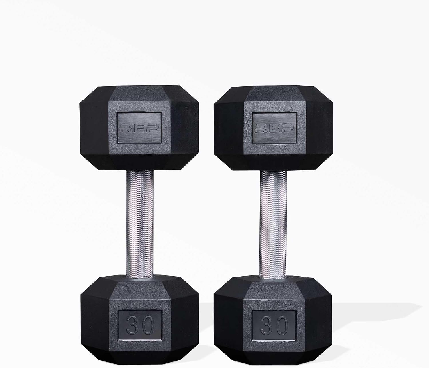Rep Fitness Rubber Hex Dumbbell(s) - Singles (55LB +) and Pairs (5LB - 50LB) - Low Odor, Fully Knurled Handle