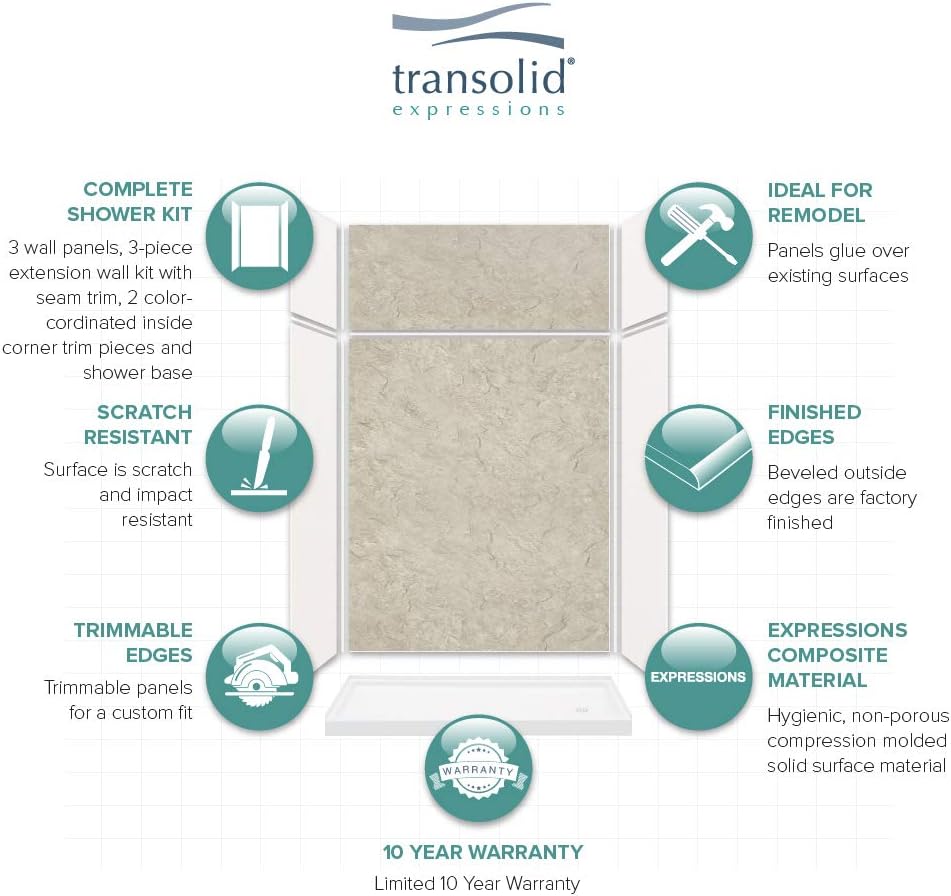 Transolid KSX603296-8997SC-3144 Expressions 32-in x 60-in x 96-in Alcove Shower Kit with Extension and Door, White/Sea Fog and Silver
