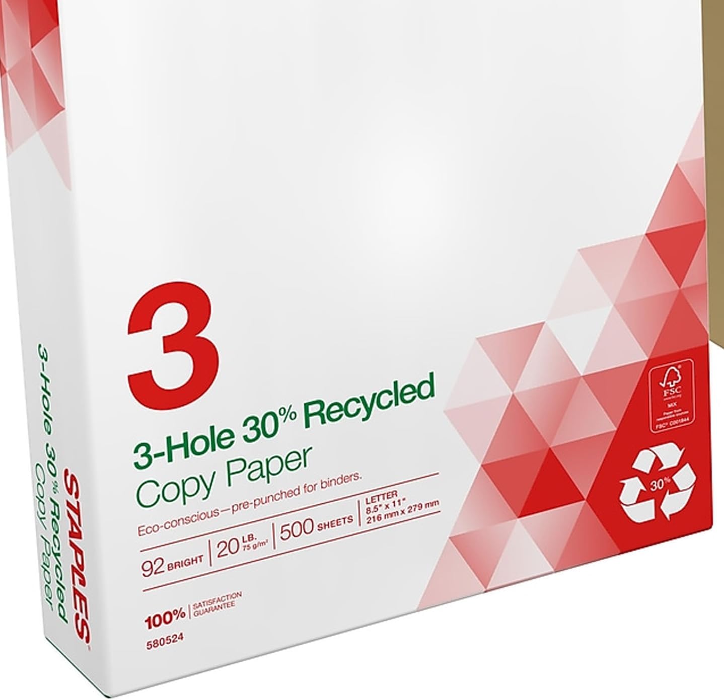 Staples 8.5" x 11" 3-Hole Punched Copy Paper, 20 lbs., 92 Brightness, 500/Ream