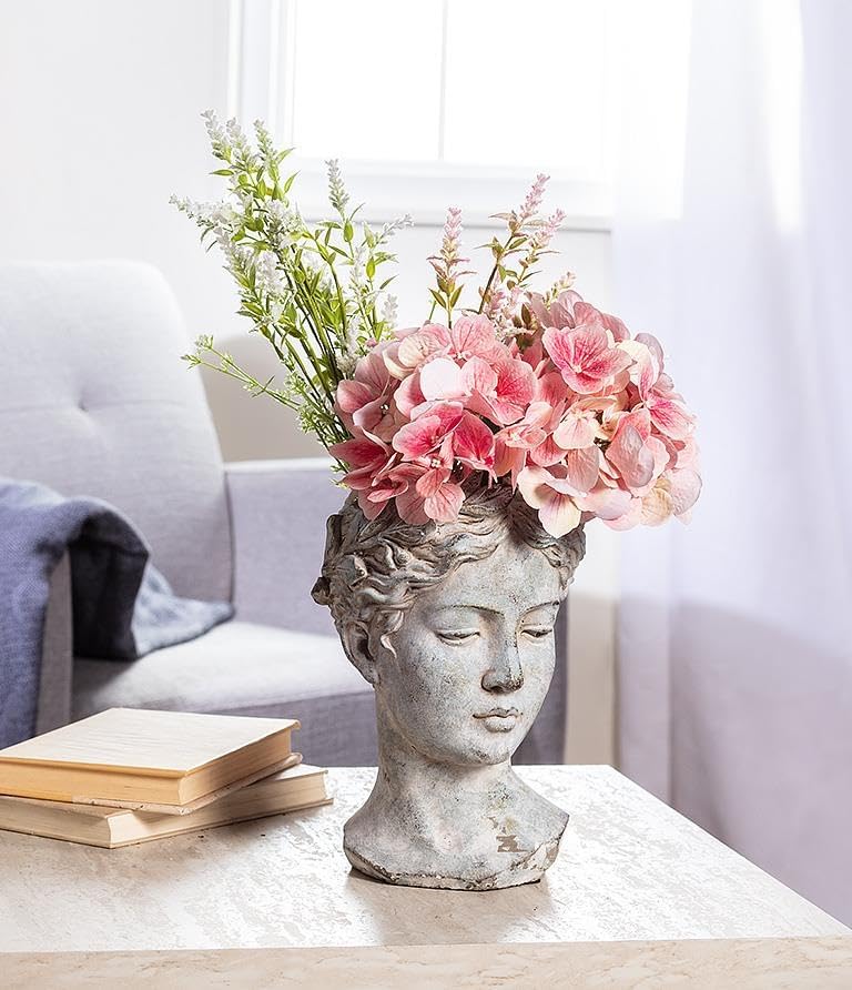 Abbott Collection Large Woman Head Planter | Hand-Finished Greco-Roman Style, Indoor & Outdoor, For Flowers & Succulents, Cement, Gray, 10"H