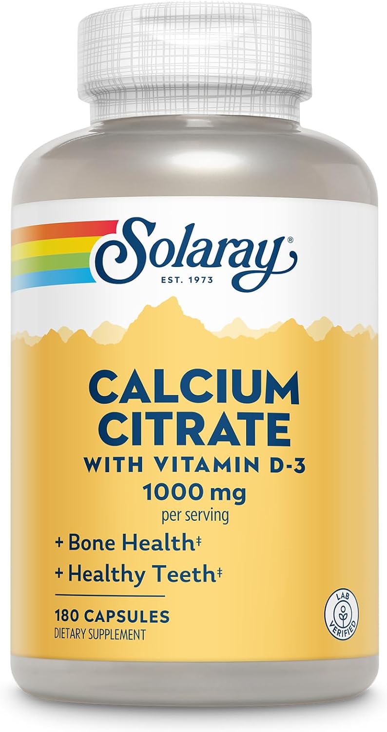 SOLARAY Calcium Citrate with Vitamin D3 1000 mg, 240 Capsules | Bone, Teeth, Muscle & Nerve Support - Gentle Digestion Formula - 60 Servings - Lab Verified