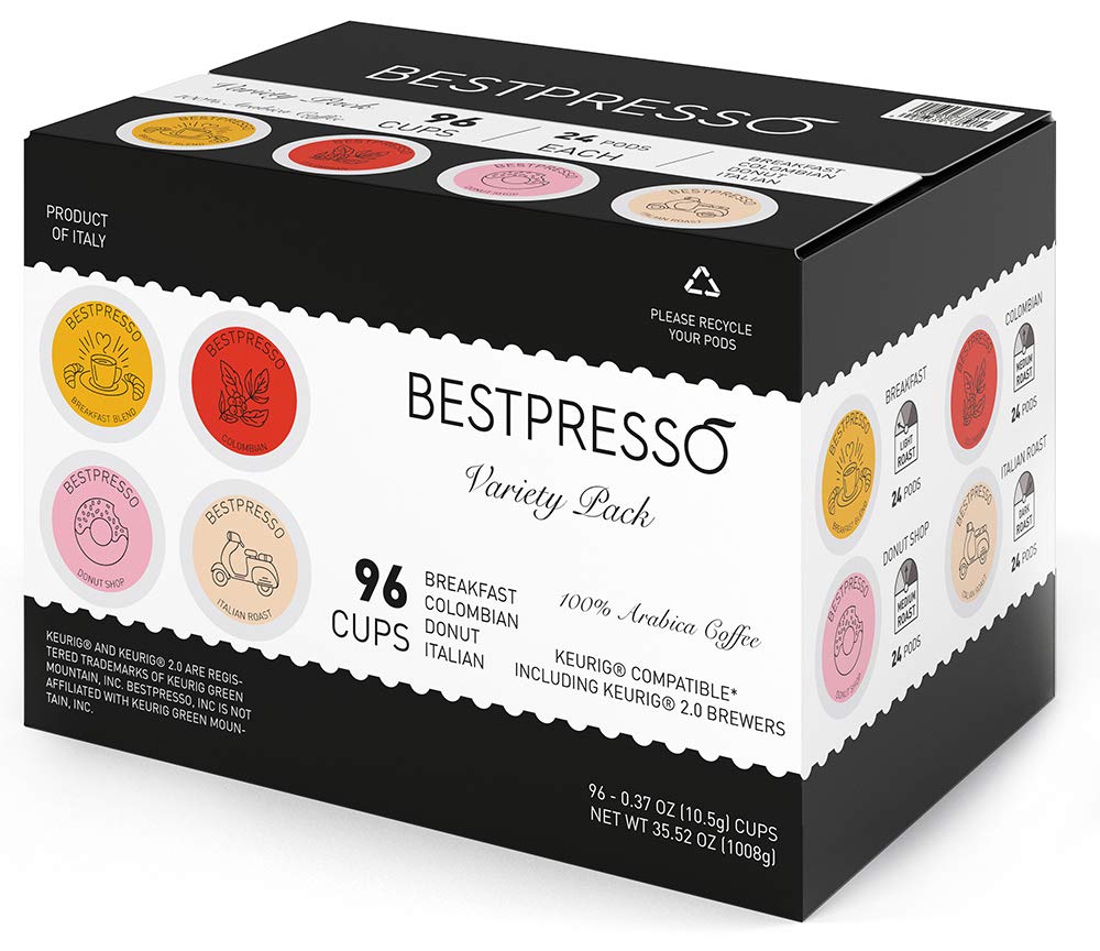 Bestpresso Coffee, Donut Shop Medium Roast Single Serve K-Cup Pods, 96 Count (Compatible With 2.0 Keurig Brewers) 8 Packs Of 12 Cups
