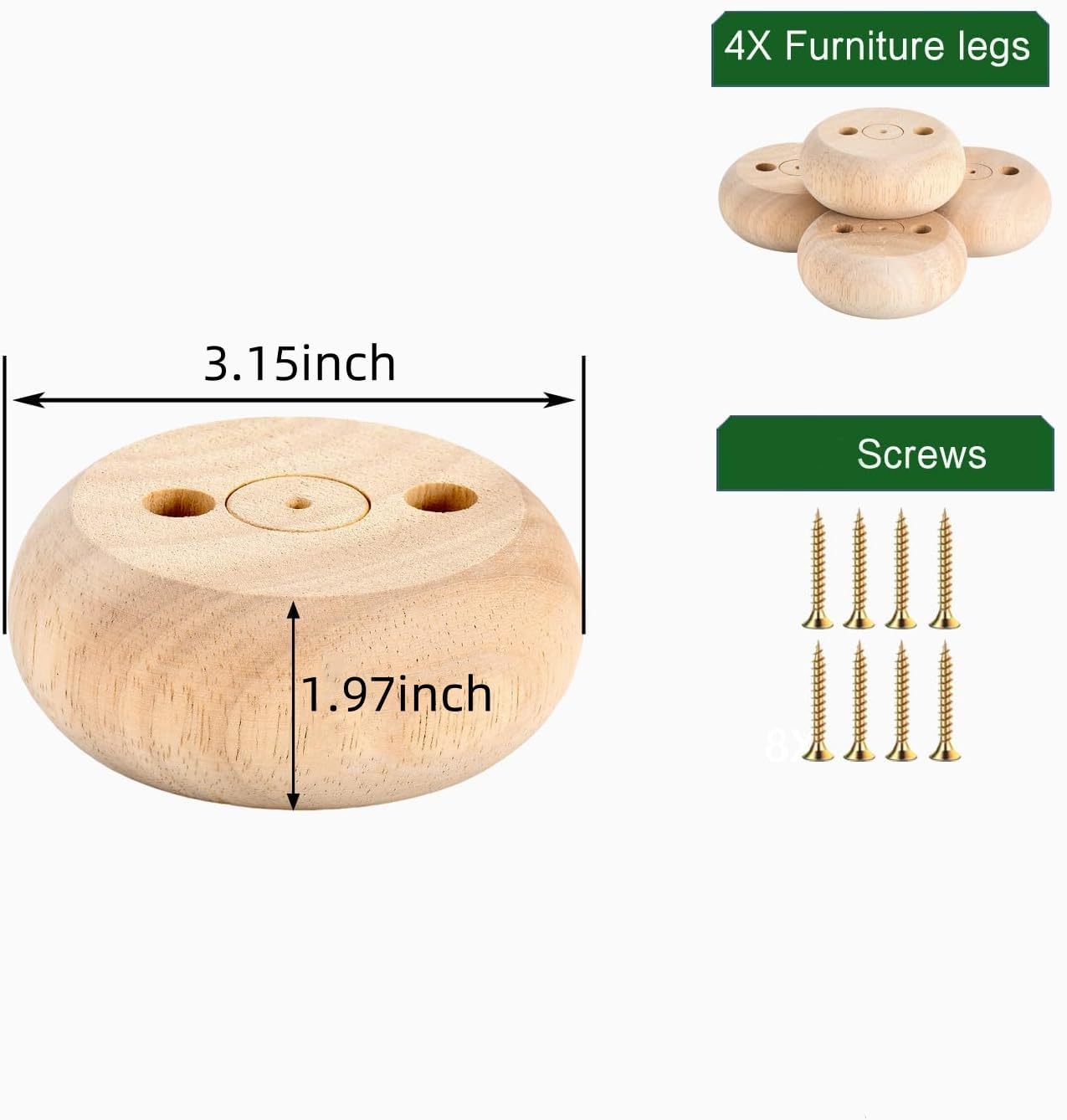 Pack of 4 Walnut Furniture Legs Round Bun Feet 2" Tall Wood Sofa Legs Replacement Legs for Cabinet Couch Chair Dresser