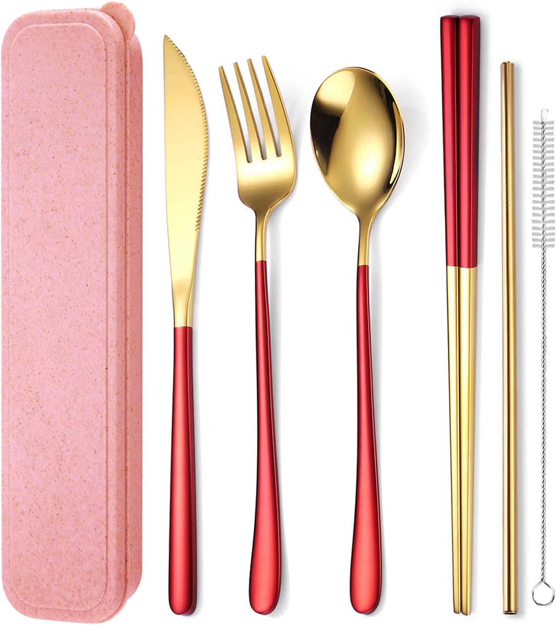 AARAINBOW 6 Pieces 18/8 Stainless Steel Flatware Set Portable Reusable Cutlery Set Travel Utensils Set Including Chopsticks Knife Fork Spoon Straws