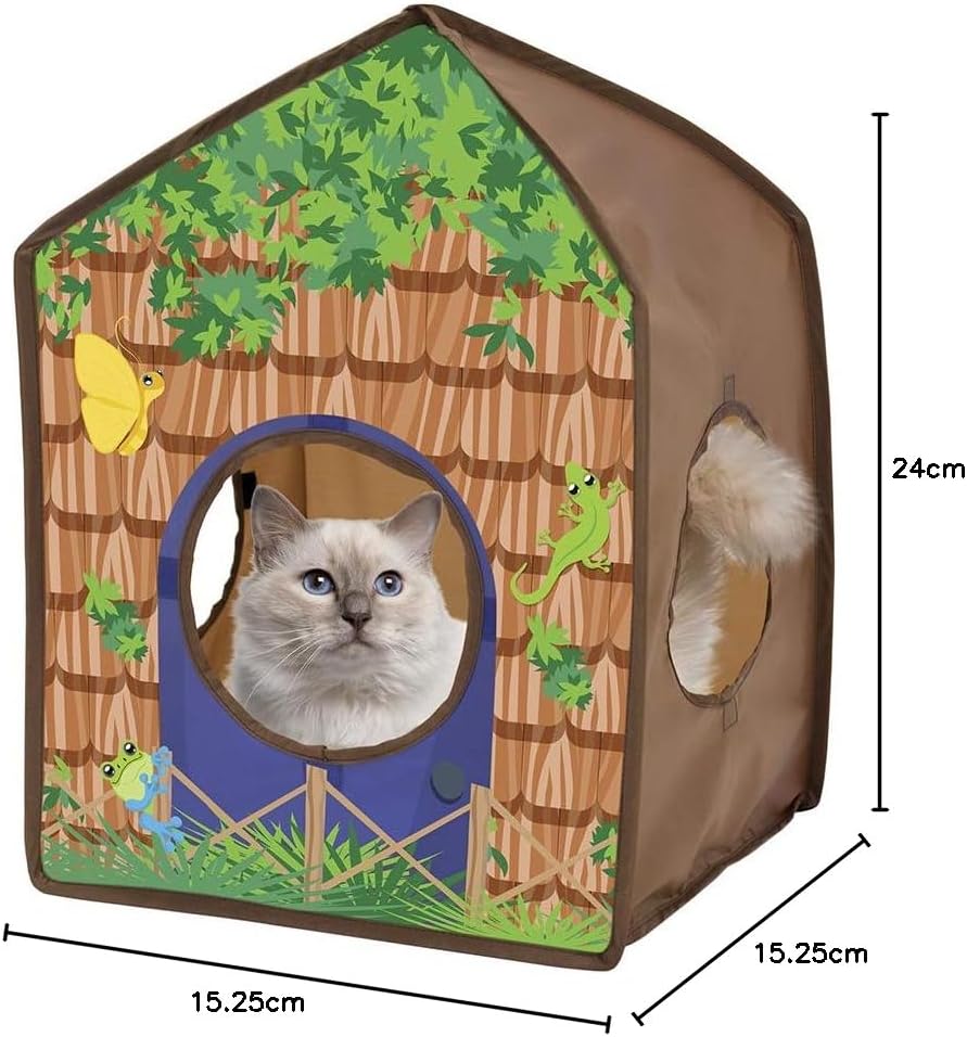 Kitty City Safari Jungle Pop-Up Cat Cube, Collapsible Indoor Cat Hideout & Play Cube with Peekaboo Openings, Easy Storage, 15” x 15” x 15”