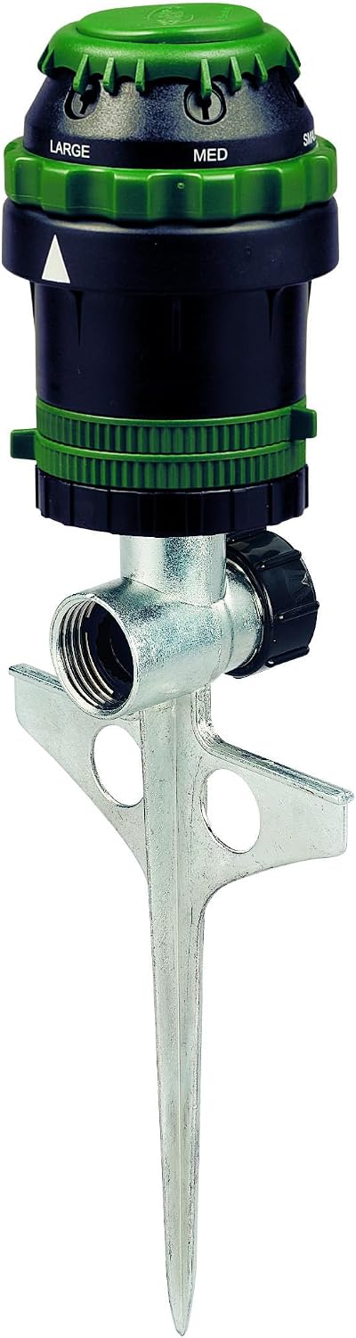 Orbit H2O-Six Gear-Drive Sprinkler on Metal T-Spike - Customizable Lawn Watering Coverage - Multi-Pattern Rotating Head with Adjustable Spray Range - Durable Outdoor Yard Irrigation Sprinkler - 58573