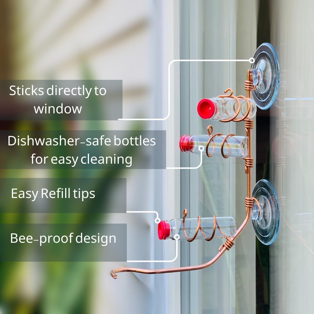 Window Hummingbird Feeder | Handcrafted Copper and Aluminum | Multiple Stations | Modern Hummingbird Feeder | Glass Bottles | Suction Cups (Copper, Four Station)