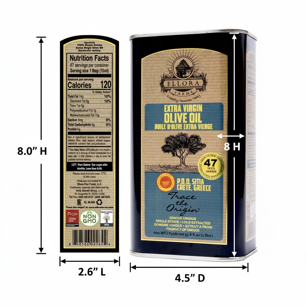 Ellora Farms Olive Oil Extra Virgin, Traceable & Certified PDO Polyphenol Rich Extra Virgin Olive Oil Cold Pressed, Global Gold Awards, Kosher, Single Origin from Crete, Greece 33.8 Fl oz, Pack of 2