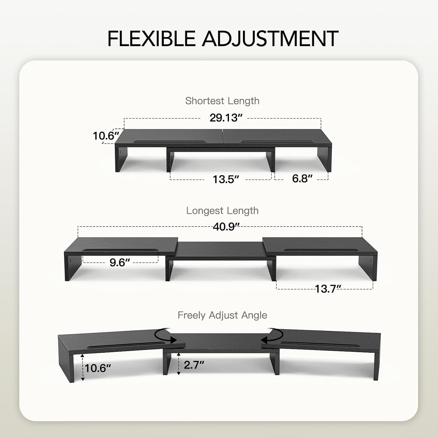 AMERIERGO Dual Monitor Stand Riser- 3 Shelf Screen Stand with Adjustable Length and Angle, 2 Extra Functional Slot Desktop Organizer Stand for PC