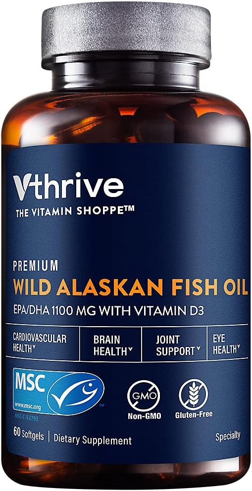 Vthrive Premium Wild Alaskan Fish Oil with Vitamin D3 - Supports Cardiovascular Health - 1,375 DHA/EPA (60 Softgels)