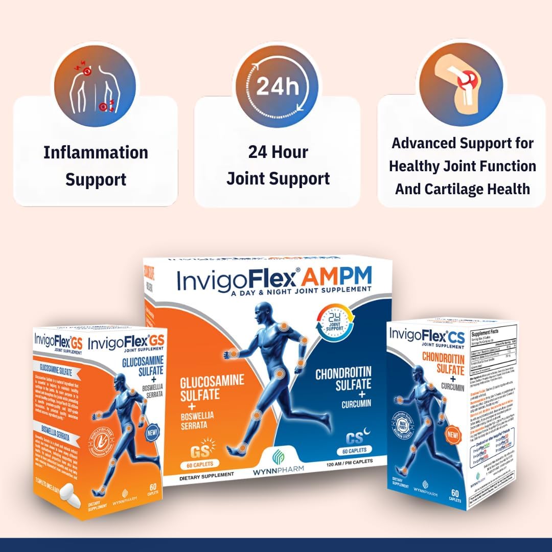 INVIGOFLEX® AMPM - Glucosamine & Chondroitin Sulfate - Turmeric Curcumin - Boswellia Serrata (Non GMO) for Knees, Hands, Back and Hip 24 - Hour Premium Joint Supplement
