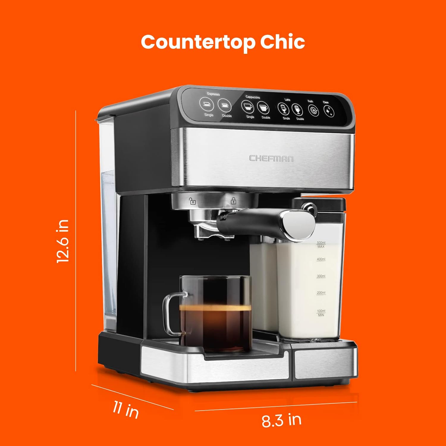 Chefman 6-in-1 Espresso Machine with Built-In Milk Frother, 15-BAR Pump, Digital Display, One-Touch Single or Double Shot for Cappuccinos and Lattes