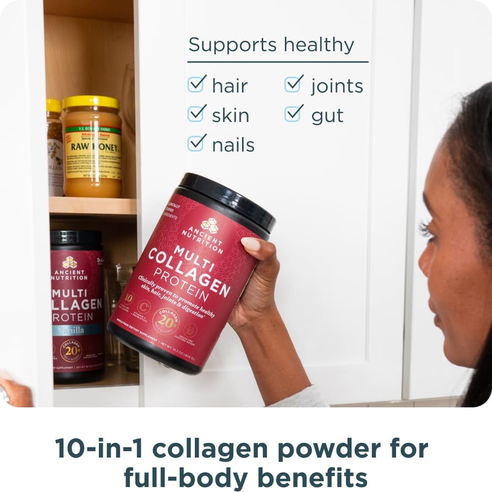 Ancient Nutrition Multi Collagen Protein Powder, 5 Types of Food Sourced Collagen, Providing Types I, II, III, V, and X, 16.2 Ounce
