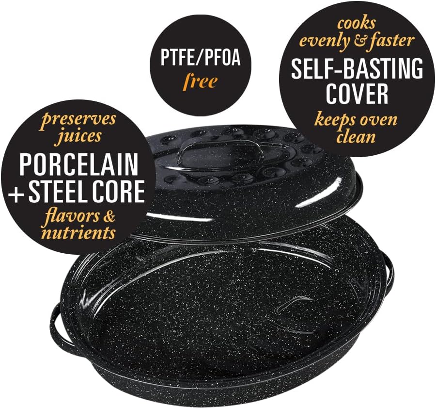 Granite Ware 13" Oval Roaster with Lid – Enameled Steel, Oven Safe to 932°F – Ideal for Roasting, Baking & Sourdough Bread – Self-Basting Cover, Dishwasher Safe, 7 lb Capacity | Oval Roaster Capacity, Roasts Up To 7 Lb Poultry Or Meat, Covered Cooking fo…