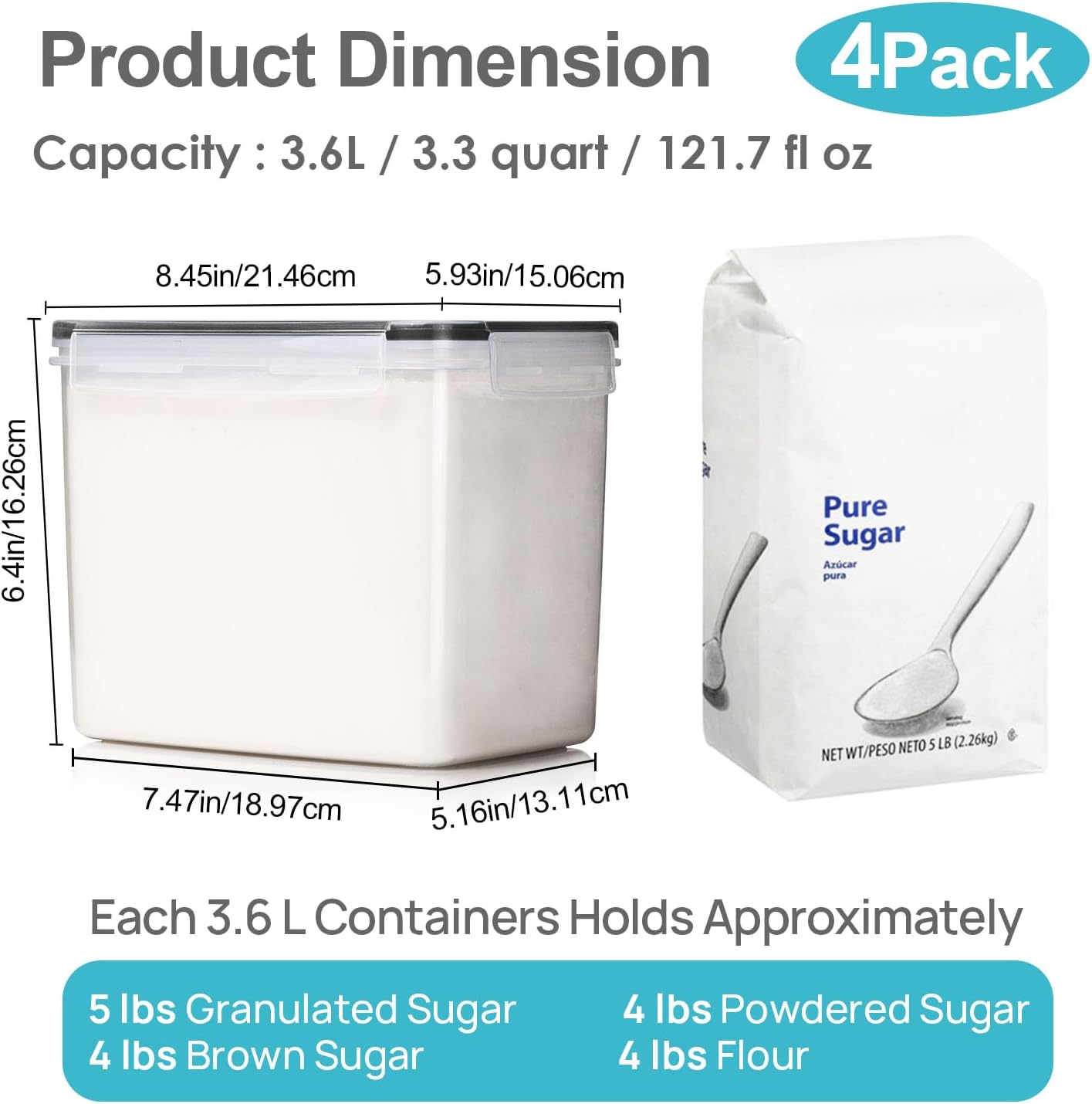 Vtopmart 5.2L Flour Sugar Storage Containers, 4 PCS, Black