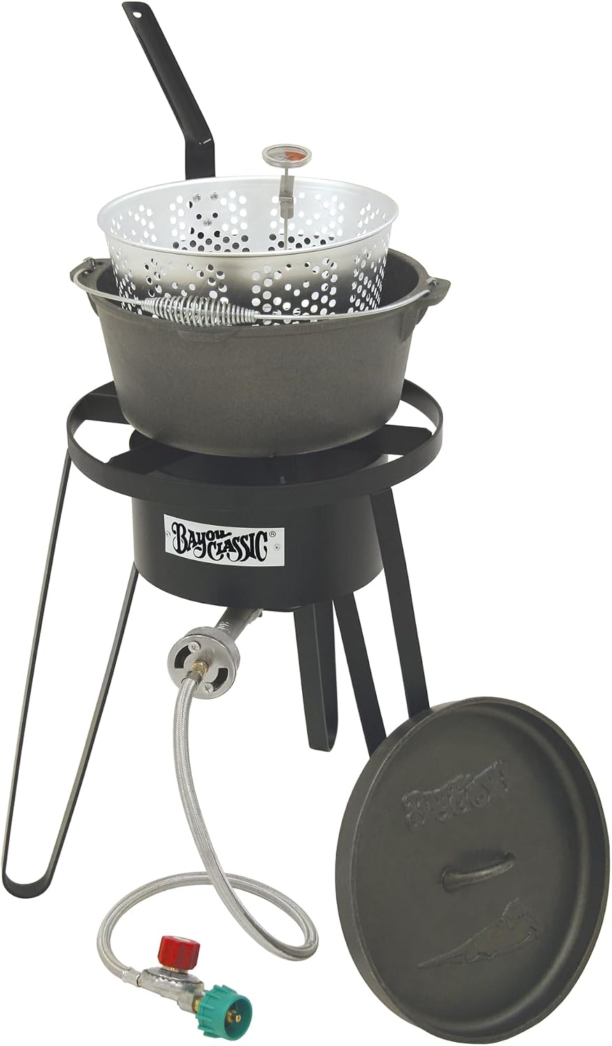 Bayou Classic B159 Cast Iron Fish Cooker Features 8-qt Cast Iron Dutch Oven w/Lid and 5-in Stainless Thermometer 19-in Tall Cooker Perfect For Slow