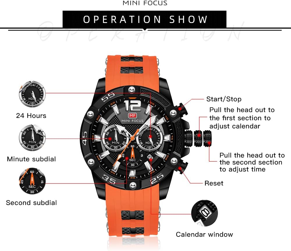 MF MINI FOCUS Men Watch, Chronograph Waterproof Sport Analog Quartz Watches Blue Silicon Strap Fashion Wristwatch for Men