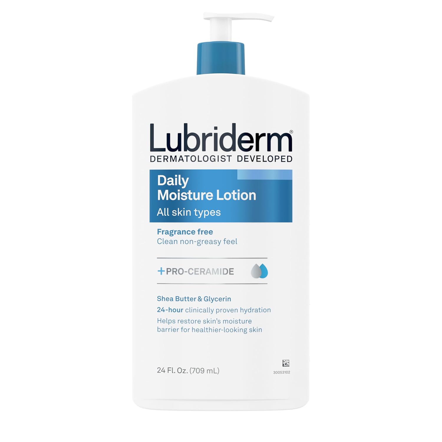 Lubriderm Daily Moisture Body Lotion, Fragrance Free, 24 fl. oz | Hydrating Face, Hand & Body Lotion + Pro-Ceramide for Sensitive Skin, 24-Hour Moisturizer with Shea Butter, Non-Greasy